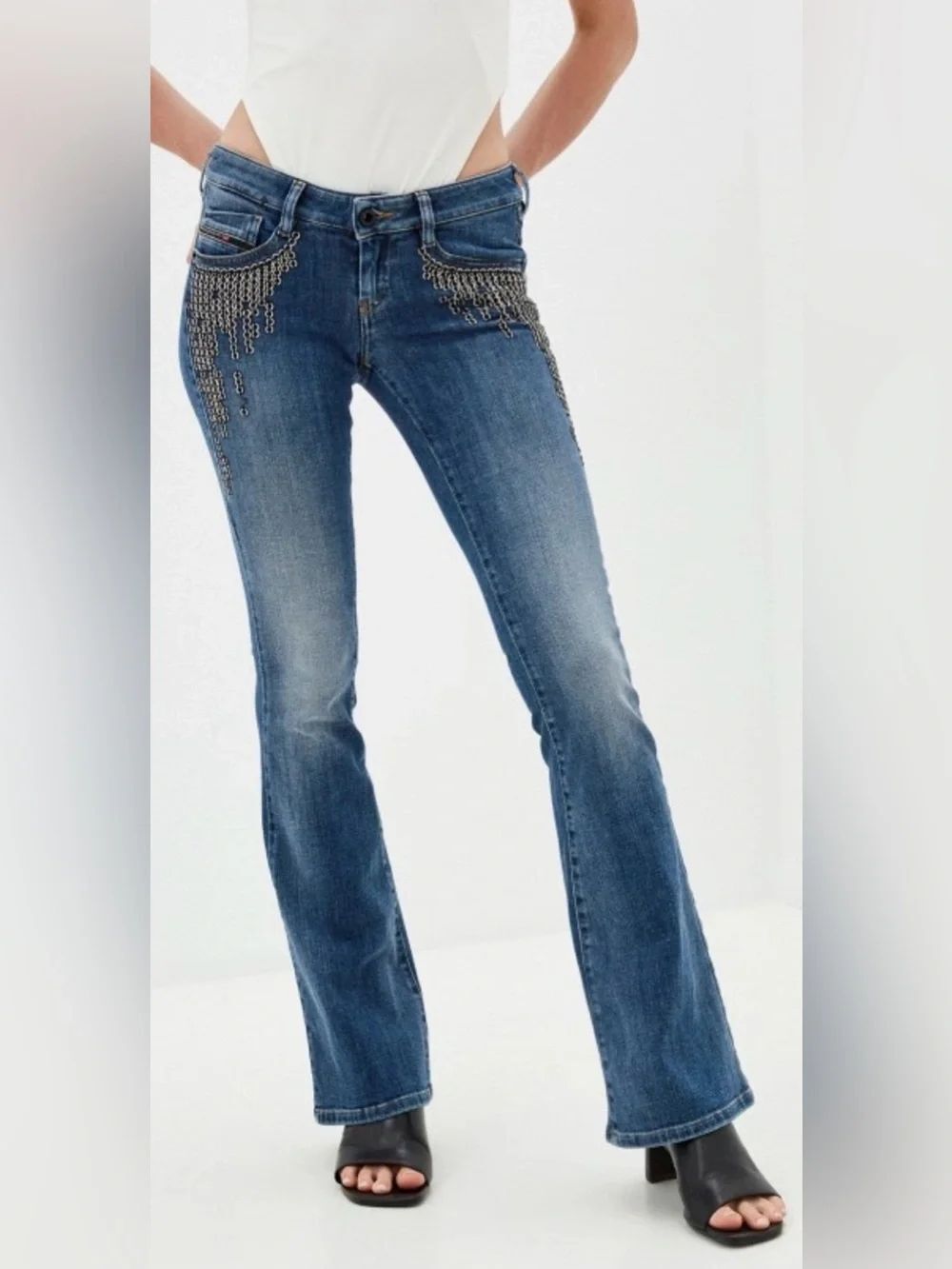 NWT Diesel Blue Flare Jeans with Chain Fringe, size 30